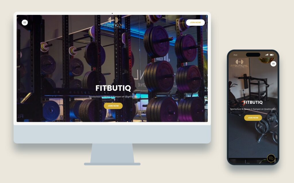Mockup van de website van Fitbutiq op desktop en mobiel