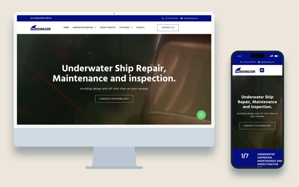Mockup van de website van FN Diving op desktop en mobiel