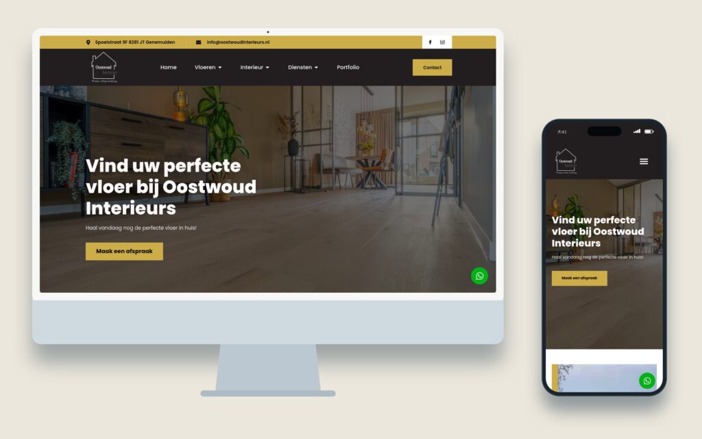 Mockup van de website van Oostwoud Interieurs op desktop en mobiel