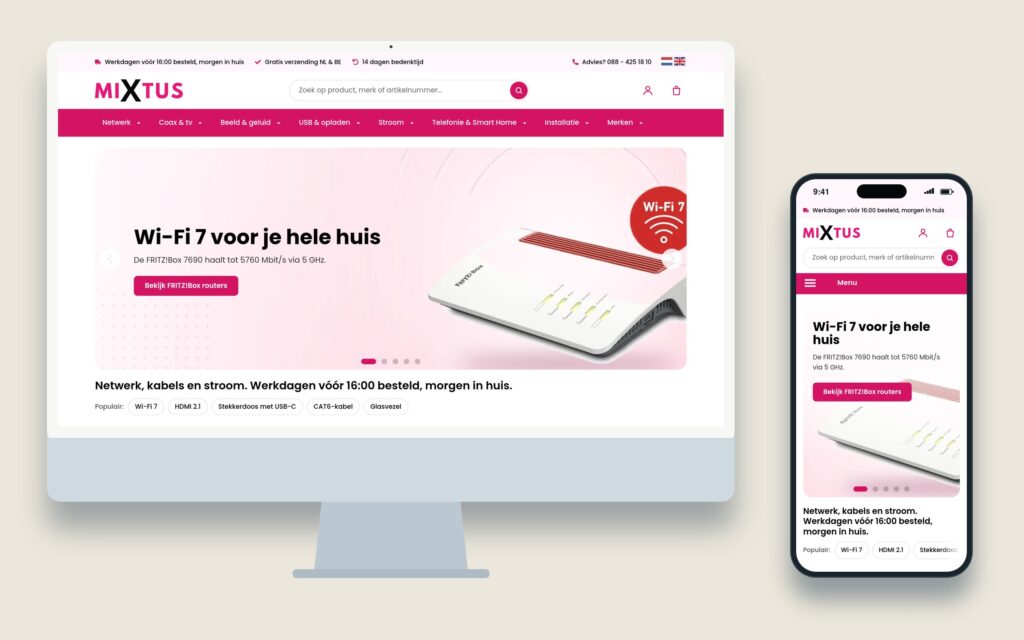 Mockup van de webshop van Mixtus op desktop en mobiel
