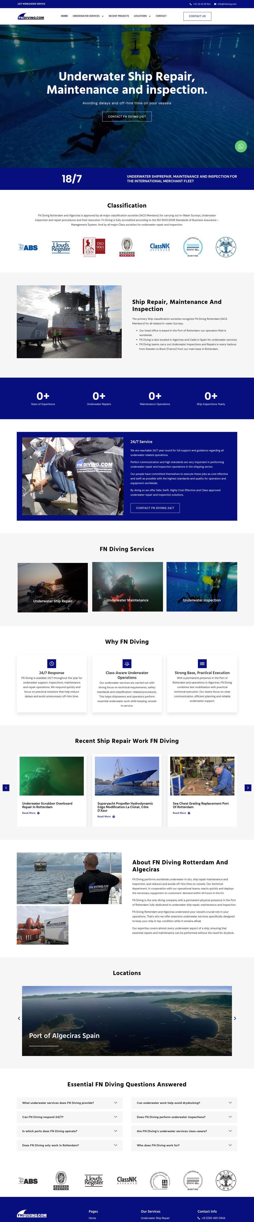 Volledige homepage van fndiving.com op desktop